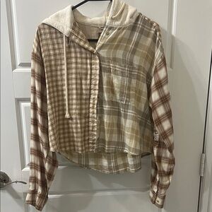 American Eagle Outfitters | Checkered Hooded Shirt - Brown and Cream